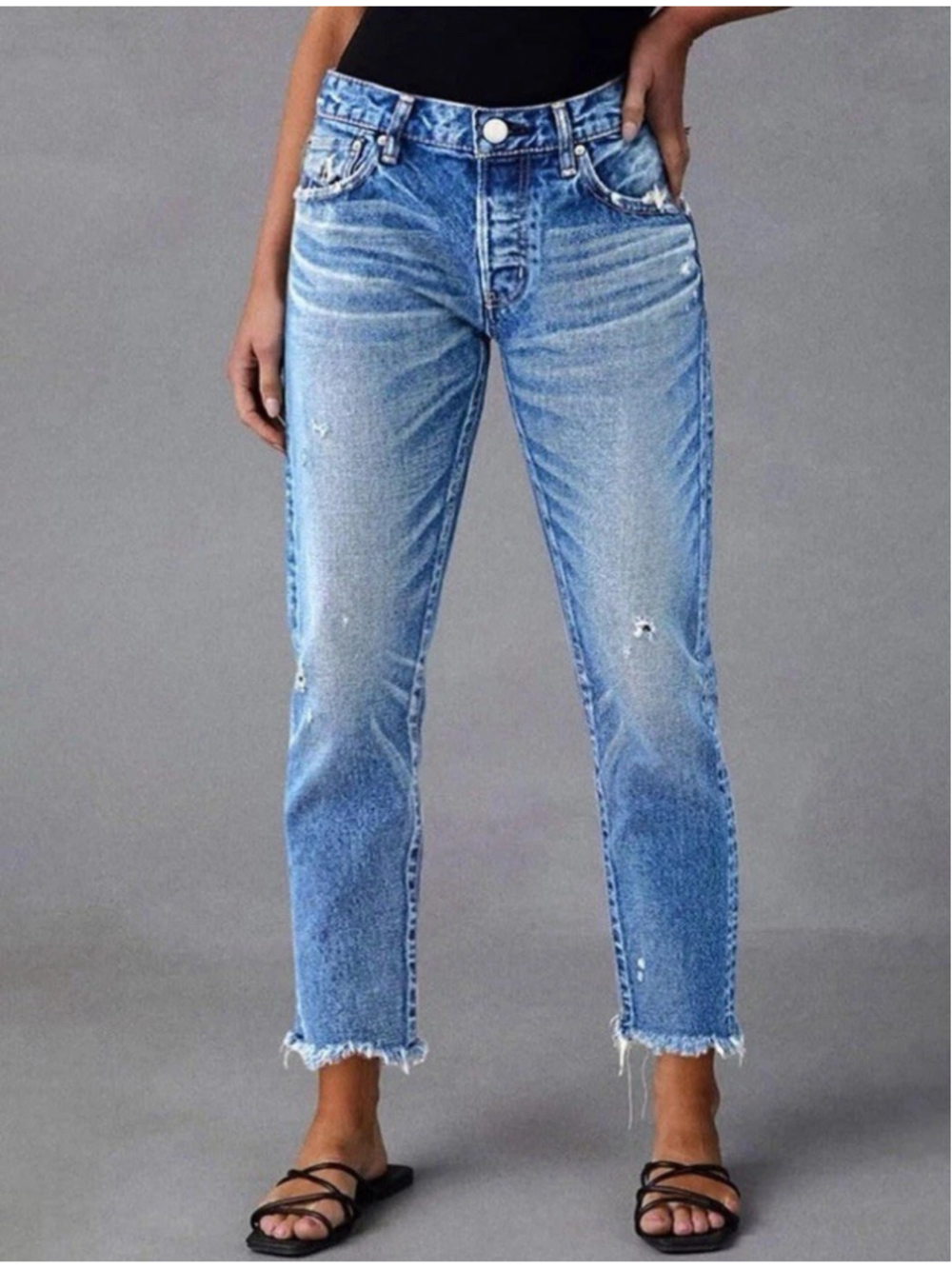 Flamingals Raw Hem Ripped Distressed Mid Waist Straight Leg Crop Jeans Blue M - Picture 1 of 5